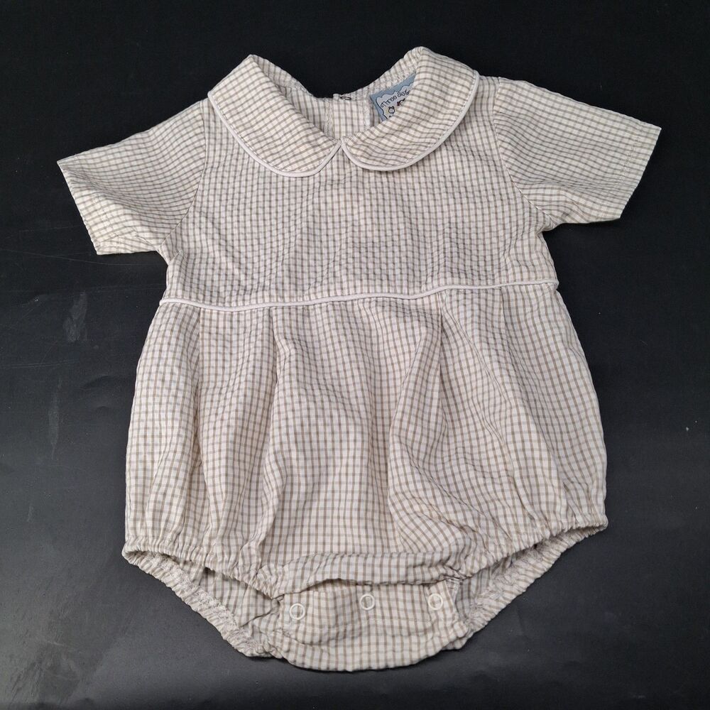 Seersucker Bubble Romper Brown & Cream Peter Pan Collar Baby 24M